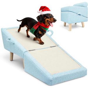 Dog Ramp for Small Dogs and Cats – 2-in-1 Dog Ramp for Couch and Low Bed, 16.5'' Foldable Wooden Pet Ramp, Sturdy Multi-Use Split Ottoman Design, Light Blue