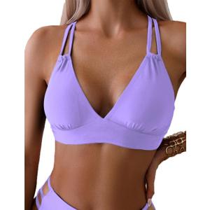 Tainehs Women's Push Up V Neck Bikini Tops Criss Cross Back Padded Bathing Suit Top Only (Medium, Light Purple)