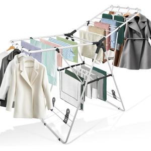 Clothes Drying Rack Foldable, Metal Laundry Drying Rack, with Height-Adjustable Wings, Space Saving, Indoor Outdoor Use, White Free-Standing Airer, Large