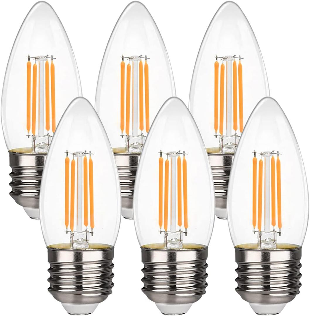B11 E26 LED Candelabra Bulbs 4.5W(40 Watt Equivalent) 2700K Warm White 450LM Dimmable LED Filament Chandelier Light Bulbs Clear Glass Candle Lamp for Ceiling Fan Home Decor 6 Pack