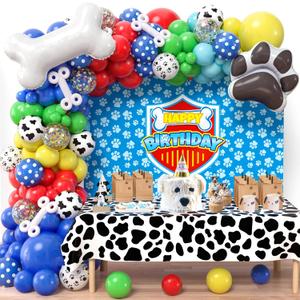 Winrayk 156Pcs Cartoon Dog Paw Birthday Party Decorations Supplies for Kids, Balloon Arch with Backdrop, Tablecloth, Large Dog Bone & Paw Print Foil Balloon, Boy Puppy Theme Birthday Party Decorations