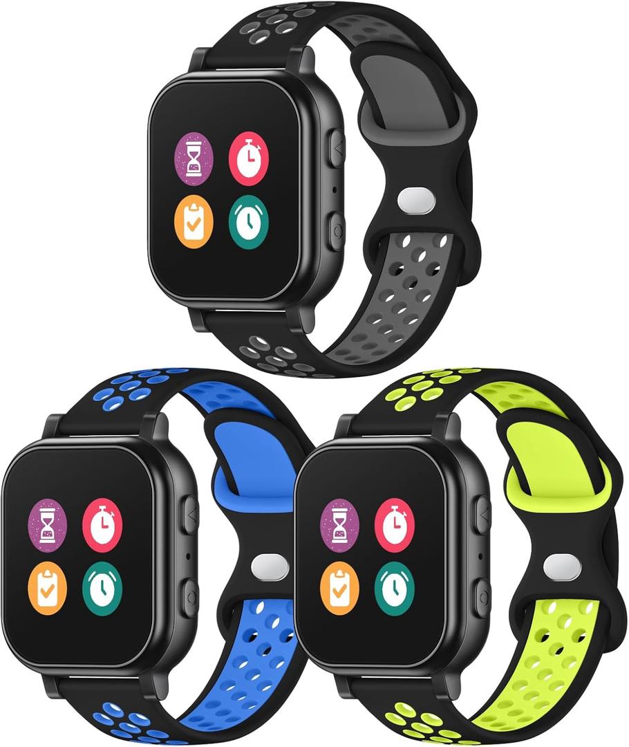 3 Pack Waterproof Silicone Gizmo Watch Band for Kids Compatible with Gizmo Watch 3 2 1/ Gabb Watch 3 2 1/ SyncUP/Cosmo JrTrack Watch, Breathable Soft Sport Bands with Air Holes Design for Boys Girls (Black Gray /Black Blue /Black Green)