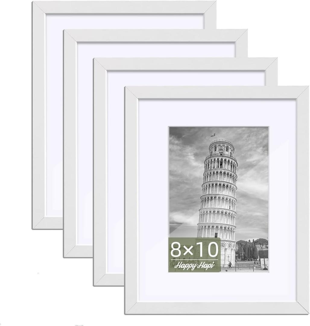 HappyHapi 8x10 Picture Frame, 4 Pack Photo Frame Display Pictures 5x7 with Mat or 8x10 Without Mat Multi Picture Frames Collage for Tabletop or Wall Display Gallery Frame (White)