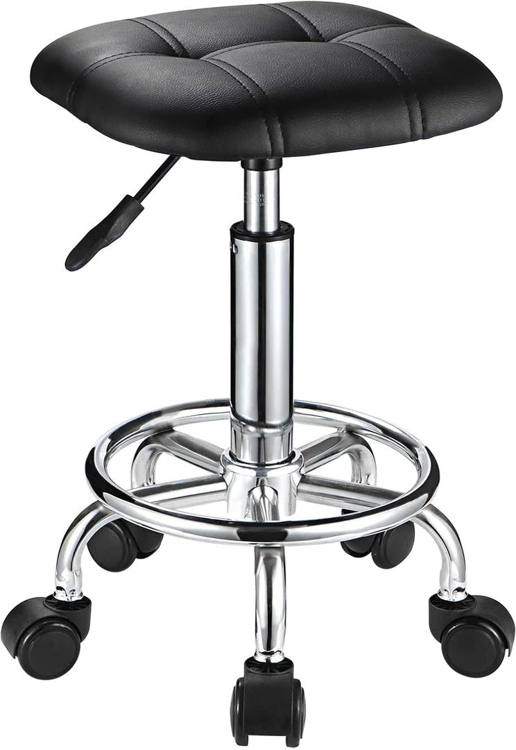 Square PU Cushion Rolling Stool with Wheels Height Adjustable Swivel Stools Office Chair, Black