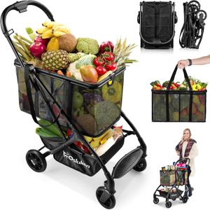 Triple Folding Shopping Grocery Cart, 75Lbs Collapsible Utility Cart with Removable Basket & Universal Wheels, Compact Lightweight Portable Personal Shopping Carts for Groceries, Luggage etc.
