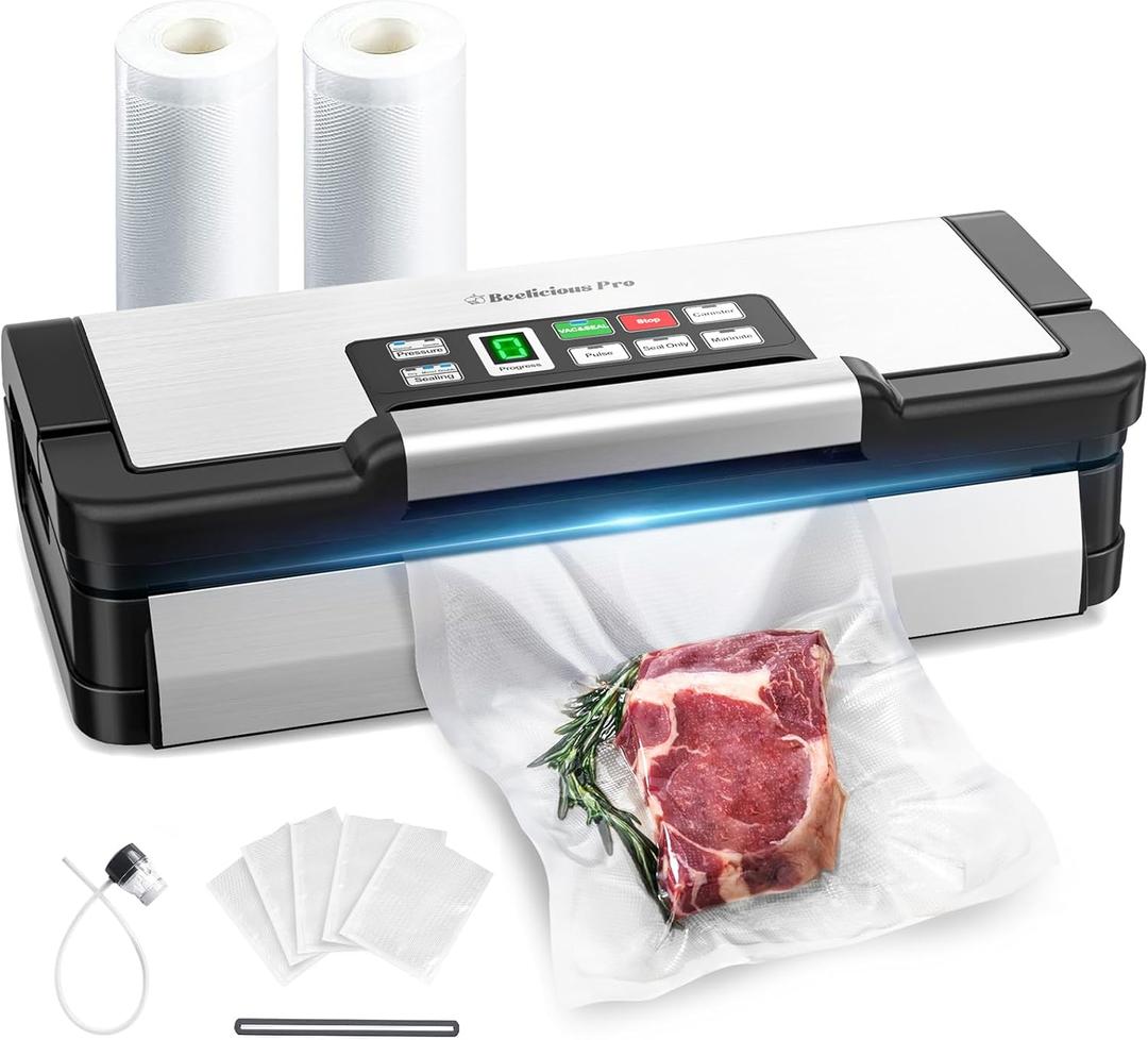 95kPa Vacuum Sealer Machine with AquaLock Technology, for Moist Seals, 2X Seal & 130W, Fully Automatic Food Sealer, Built-In Cutter, Bag Storage & Hose, Precision Sealing, 2 Bag Rolls,Stainless Steel