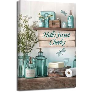 XLMDYYSW Teal Bathroom Wall Art Funny Bathroom Sign Canvas Pictures Farmhouse Flower Poster Prints Rustic Bathroom Painting for Toilet Decor Framed (Teal, 16.00" x 24.00")