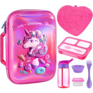 Kids Lunch Box Bag Set: Girls Unicorn Lunch Bags Bento Boxes with 3-Compartment Included Ice Pack Water Bottle Insulated Lunchbag Reusable School Lunchbox Containers Kit for Toddler Daycare Childrens (Pink)