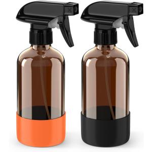 Bontip Glass Spray Bottle with Silicone Sleeve Protection, Amber Glass Spray Bottle Set for Window Cleaner Aromatherapy Facial Hydration Watering Flowers Hair Care 2 Pack/8 oz (Black & Orange)