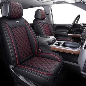 Aierxuan Truck Seat Covers for Chevy Silverado GMC Sierra Trail Boss Z71 Pickup 2007-2025 1500 2500HD 3500HD Crew Double Extended Cab Waterproof Leather (Full Set, Black-Red)