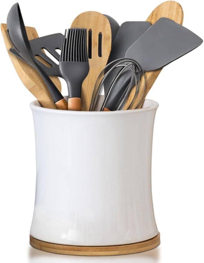Comfify Large Ceramic Kitchen Utensil Holder with Bamboo Base - Modern Utensil Crock for Countertop OrganizationComfify Large Ceramic Kitchen Utensil Holder with Bamboo Base - Modern Utensil Crock for Countertop Organization - Kitchen Counter Organizer for Cooking Tools, Spatulas, Spoons & More - White Ceramic - Kitchen Counter Organizer for Cooking Tools, Spatulas, Spoons & More - white Ceramic