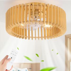 Wood Caged Ceiling Fans with Lights and Remote,Farmhouse Flush Mount Ceiling Fan with Light, Rustic Ceiling Fans Low Profile Bladeless Wooden Fandelier for Bedroom,Dining Room,Kitchen(Natural) (Gold)