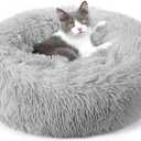 rabbitgoo Cat Beds for Indoor, 20 inches Machine Washable, Fluffy Round Pet Bed Non-Slip, Calming Soft Plush Donut Cuddler Cushion Self Warming for Small Dogs Kittens, Light Grey, Medium (20"L x 20"W x 4.7"Th)
