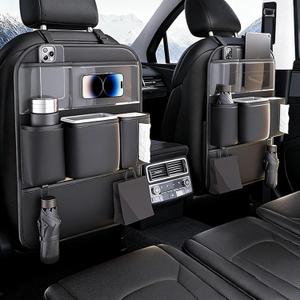 PU Leather Car Back Seat Organizer, Kick-Proof Backseat Storage with Clear Touchscreen Tablet Pocket, Tissue Holder, Bottle Pocket, Fits Cars SUVs Minivans, Black