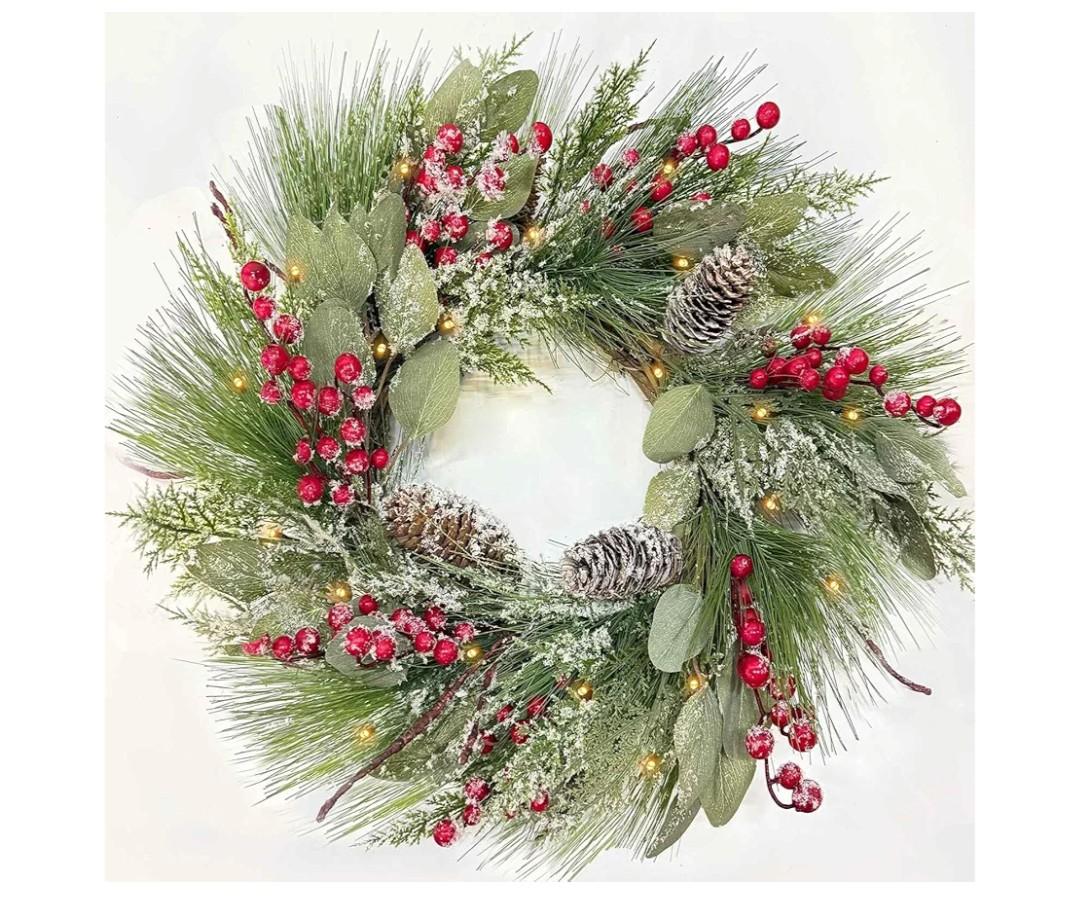 Timer - 20 Inch Flocked Christmas Wreaths for Front Door, Lighted Christmas Wreath with 30 Lights Pine Needles Eucalyptus Cypress Leaves Pinecone Red Berries Xmas Wreath for Home Outdoor Indoor Winter