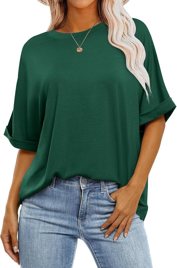 ANRABESS Womens Tops Oversized T Shirts Short Sleeve Crewneck Summer Casual Loose Basic Tee Shirt 2025 Trendy Fashion Clothes (X-Large, Dark Green)
