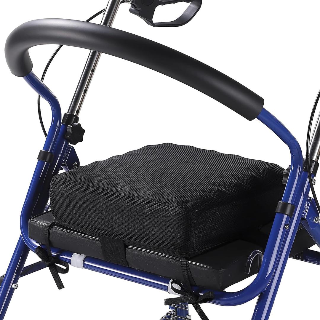 Rollator Seat Cushion for Seniors, 12x12x3.5 in Walker Seat Cushion w/Non-Slip Bottom & Breathable Mesh Cover, Comfort Egg-Crate Cushion for Rollators/Walkers, Rollator Seats Pad with Secure Straps