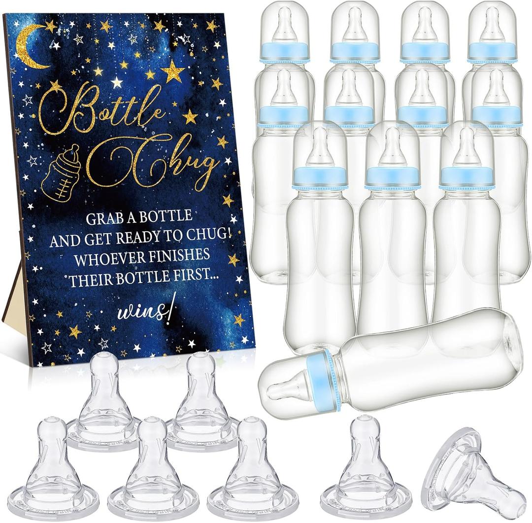 TrelaCo Star Cool Baby Shower Games Bottle Chug Sign Wooden Twinkle Moon and Star Gift Sets Gender Reveal Party Favors and 12 Pcs Baby Bottle Shower Favor for Gender Reveal Game (Dark Blue)