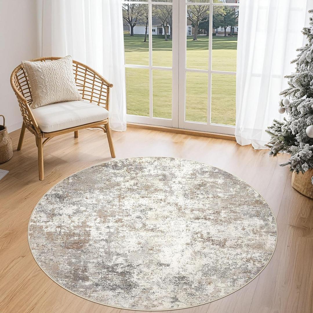 4ft Round Area Rug Living Room Rugs - 4x4 Washable Neutral Modern Abstract Soft Thin Rug Indoor Floor No Slip Rug Carpet for Bedroom Under Dining Table Home Office Decor - Brown Grey