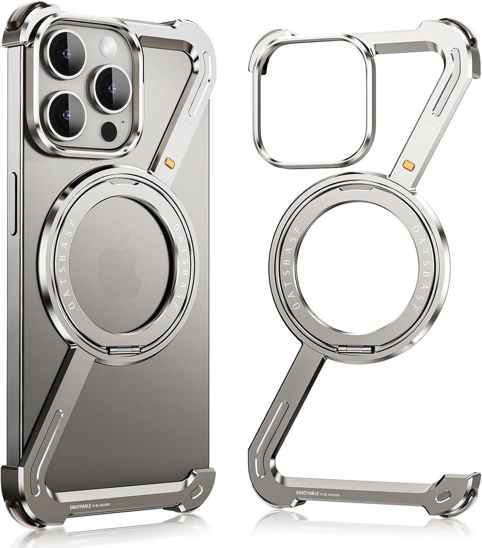Metal Bumper Case for iPhone 15 Pro Max, Minimalist Z Aluminum Cover Design, Compatible with MagSafe, Ultra Thin Frameless Frame with 360 Rotatable Magnetic Ring, Natural Titanium