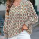 2 x Dokotoo Women's Casual V Neck Easel Floral Print Long Sleeve Blouses Smocked Button Down Shirts Bohemian Top (Green, S)