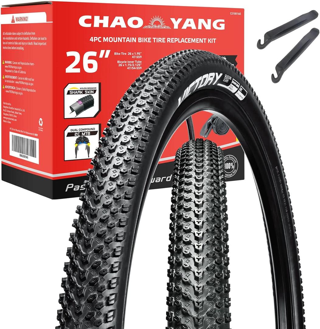 Chao YANG Mountain Bike Tire Replacement Kit, 26’’×1.95, Dual Compound 2C-MTB Tires, Featured with Double Tread Puncture Protection, for On or Off Road Use, 2-Pack
