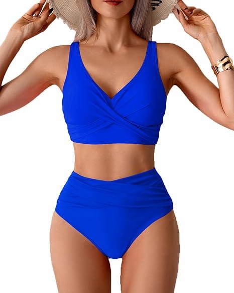 Fanuerg Women High Waisted Bikini Sets V Neck Cross Twist Front Two Piece Swimsuit Tummy Control Bathing Suit Rose Royal Blue M