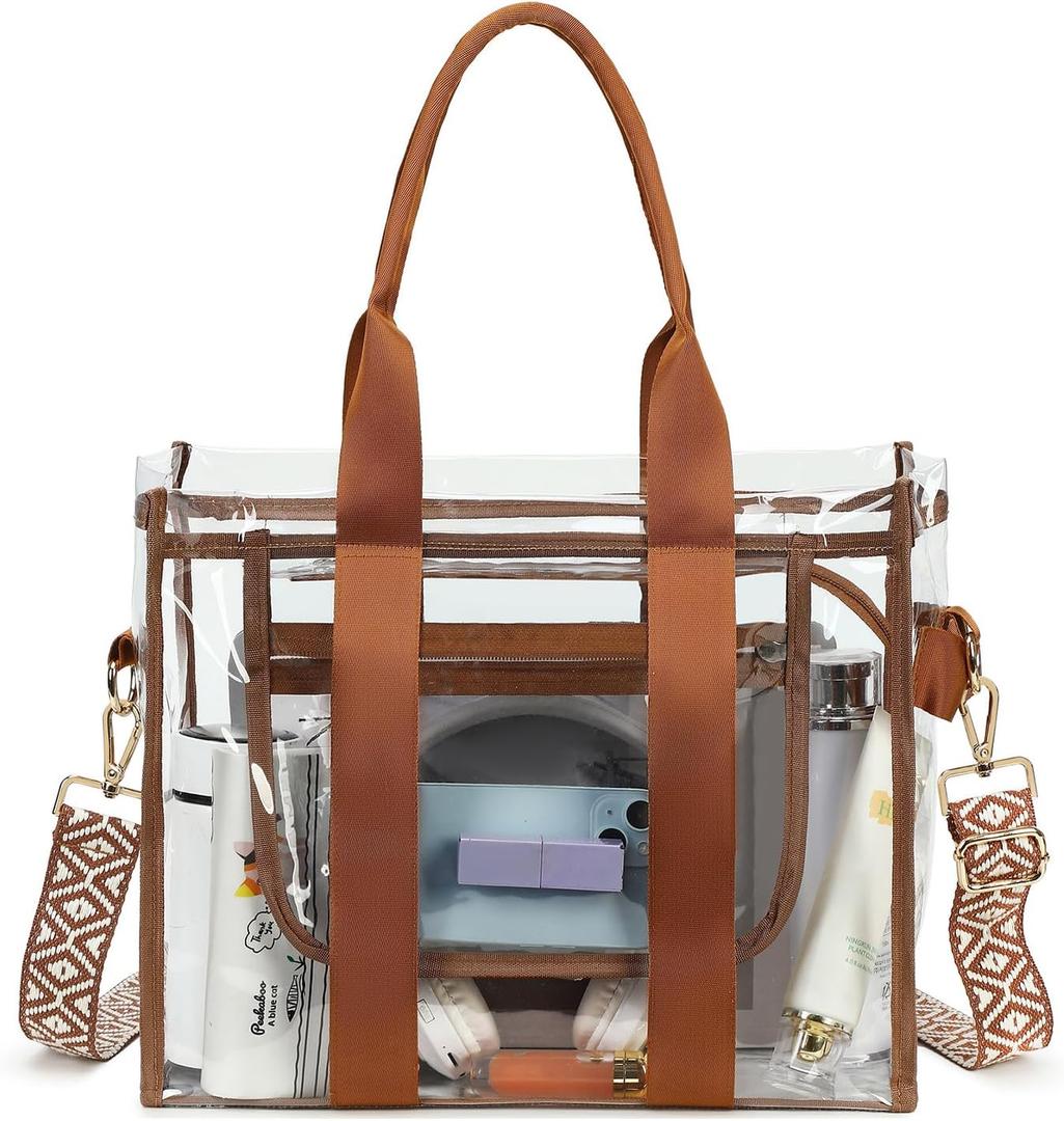 Clear Bags for Women Tote Bag, Crossbody Bag, Stadium Approved Clear Purse for Sports Events, Concert, Work & Beach (Brown)