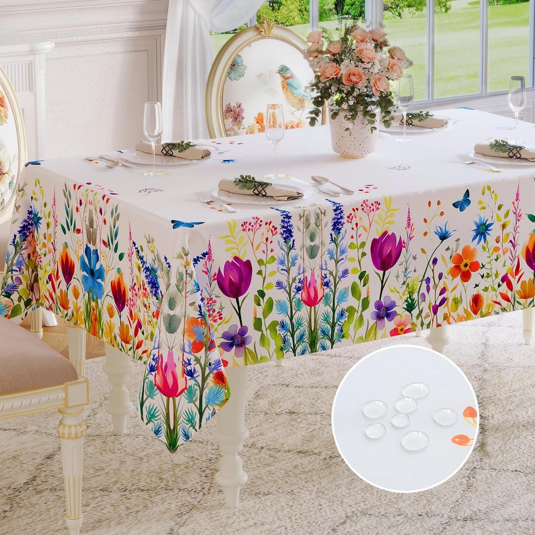 Softalker Spring Tablecloth Rectangle - Easter Waterproof Floral Pattern Decorative Table Cloth, Stain Resistant Wrinkle Free Wipeable Table Cover for Dinner, Party, Picnic, Outdoor, 60 x 84 Inch