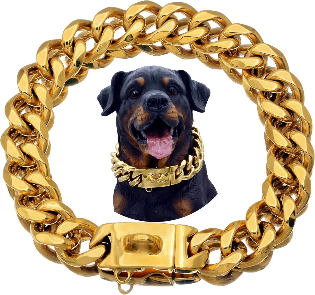 Strong Stainless Steel Gold Dog Collars with Safety Buckle Lock,23MM Cuban Link Chain Training Collar,Dog Necklace Walking Collar for Dogs (Size 16, Gold)
