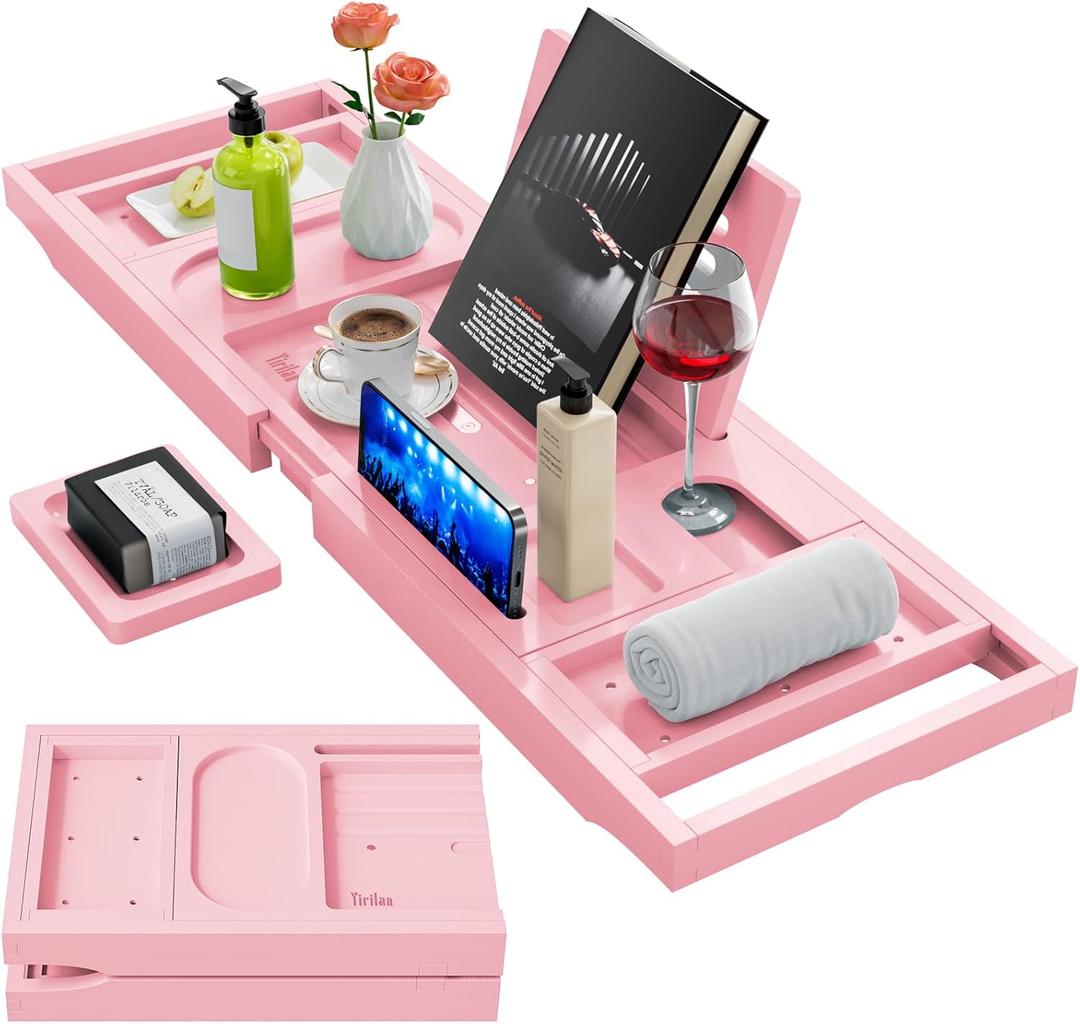 Yirilan Premium Bathtub Tray Caddy - Expandable Bath Tray - Unique House Warming Gifts, New Home, Anniversary & Wedding Gifts for Couple, Bridal Shower Gift for Women-Pink