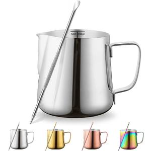 Milk Frothing Pitcher 12oz - 350ml, Kyraton Stainless Steel Espresso Steaming Pitchers with Decorating Pen,Milk Coffee Frother Cups Cappuccino Latte Art Barista Steam Pitchers Milk Jug Cup (Silver)