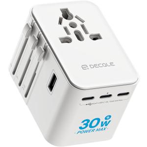 decqle Universal Travel Adapter, International Travel Plug Adapter with 3 USB-C  2 USB-A Ports(Total 30W), All in One Portable Adaptor, for USA, UK, EU, AU  224+ Countries (White)