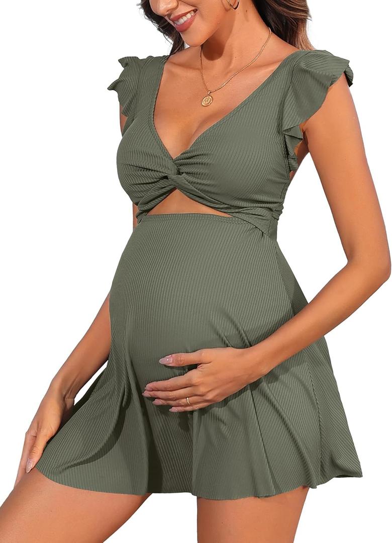 Charmo Ruffle Ribbed Maternity Swimsuit One Piece Cutout Pregnancy Bathing Suits Push Up Twisted Swimwear Swim Dress (Small, Green)