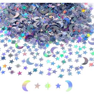 4000 PCS Moon Star Confetti for Table, Glitter Star Confetti, Laser Paper Rainbow Foil Confetti Moon Stars Glitter Scatter for Wedding Party Birthday Festival Decorations