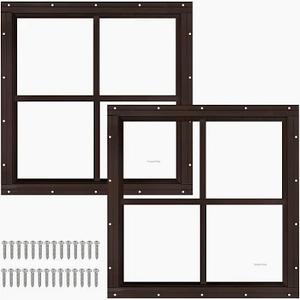 2 Pack 16" x 16" Brown Shed Window with Tempered Glass Household Windows with Screws for Shed, Chicken Coop, Playhouse, Garage and Barns(No Screen)