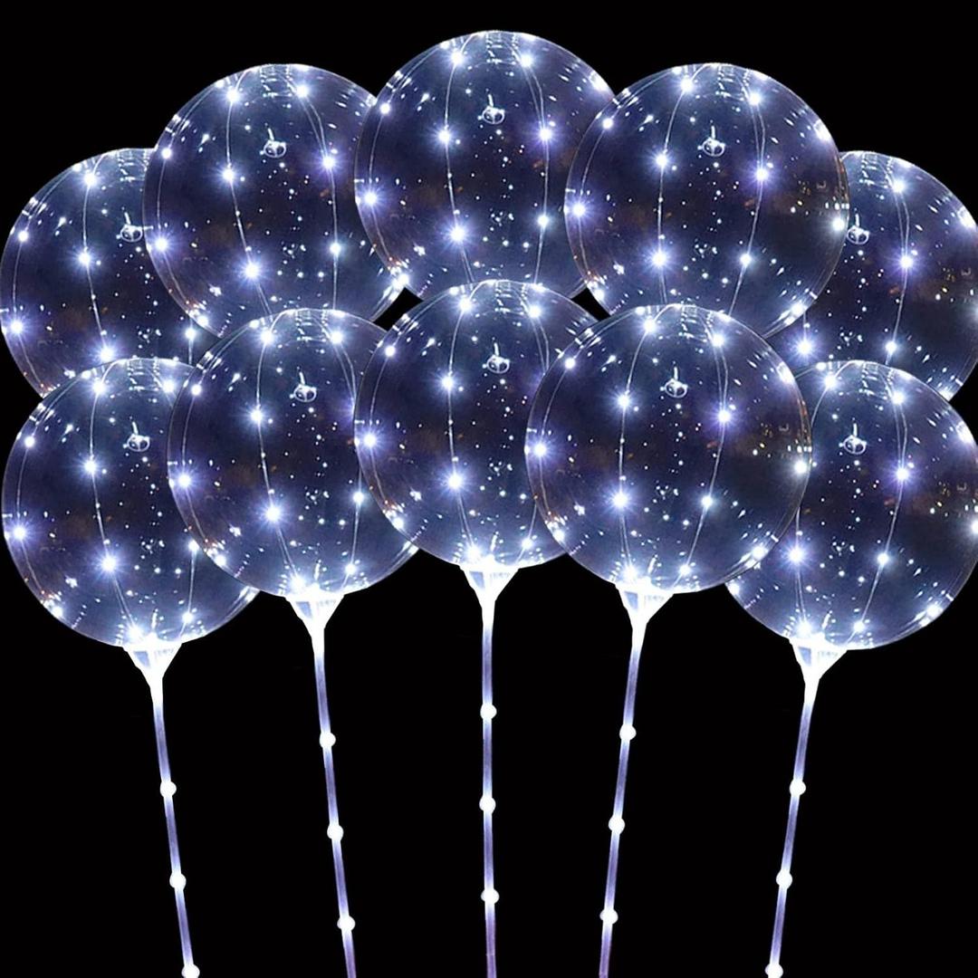 LED Balloons Light Up, 10 Pack LED Balloons with Sticks, 20 Inch Clear Bobo Balloon with Lights Helium Glow Bubble Lights for Party Supplies Valentines Decor (Cold White)
