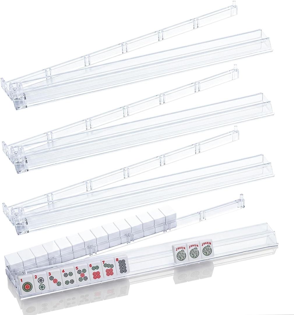 Mahjong All-in-One Tile Rack & Pusher, Clear Acrylic Mahjong Rack and Pusher Combo, Modern American Mahjong Tile Racks, Set of 4, White