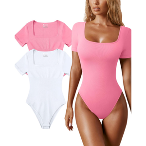 OQQ Women's 2 Piece Bodysuits Sexy Ribbed One Piece Square Neck Short Sleeve Bodysuits Size L