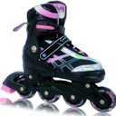 Adjustable Inline Skates for Kids and Teens Ages 4-16, All 8 Wheels of Inline Roller Skates Light Up, Safe and Fun Illuminating for Outdoor Indoor Sports (Black-Pink, Size 7)
