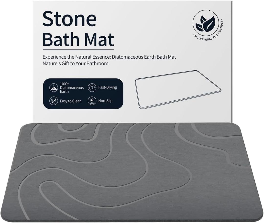 Stone Bath Mat Diatomaceous Earth Shower Mat Non-Slip Super Absorbent Diatomite Stone Mats for Bathroom Floor Quick-Drying Easy to Clean (24''x16'' Grey)