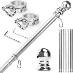 Anovo Flag Pole for Outside House - Stainless Steel 5 FT Flag Poles Kit with1 Inch Metal 360° Rotating Rustproof Flag Pole Rings for Outside House Porch 3x5 Flag Without Holder (5 FT-Sliver)