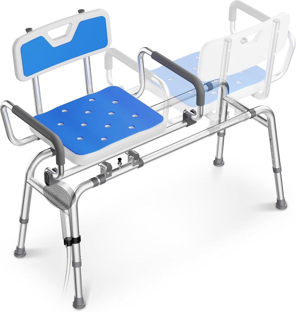 Sliding Shower Chair with 360 Swivel Seat, Adjustable Height Transfer Bench for Bathtub, Shower Chair for Elderly and Disabled with Pivoting Arms for Safety Bathing,330lbs