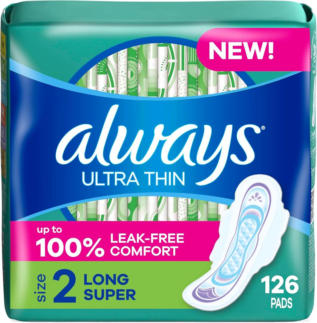 Always Ultra Thin Feminine Pads with Wings for Women, Super Absorbency, Unscented, Size 2, 126 Count (Super (Size 2))