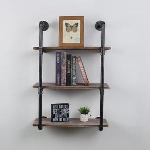 Industrial Pipe Shelving Wall Mounted,24in Rustic Metal Floating Shelves,Steampunk Real Wood Book Shelves,Wall Shelf Unit Bookshelf Hanging Wall Shelves,Farmhouse Kitchen Bar Shelving(3 Tier)