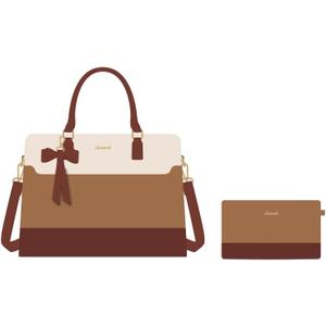 LOVEVOOK Laptop Tote Bag for Women,Leather Work Bag, Waterproof Business Teacher Bag,Large Computer Handbag Purse Briefcase,Office Gifts for Women (15.6 Inch, White/Brown)