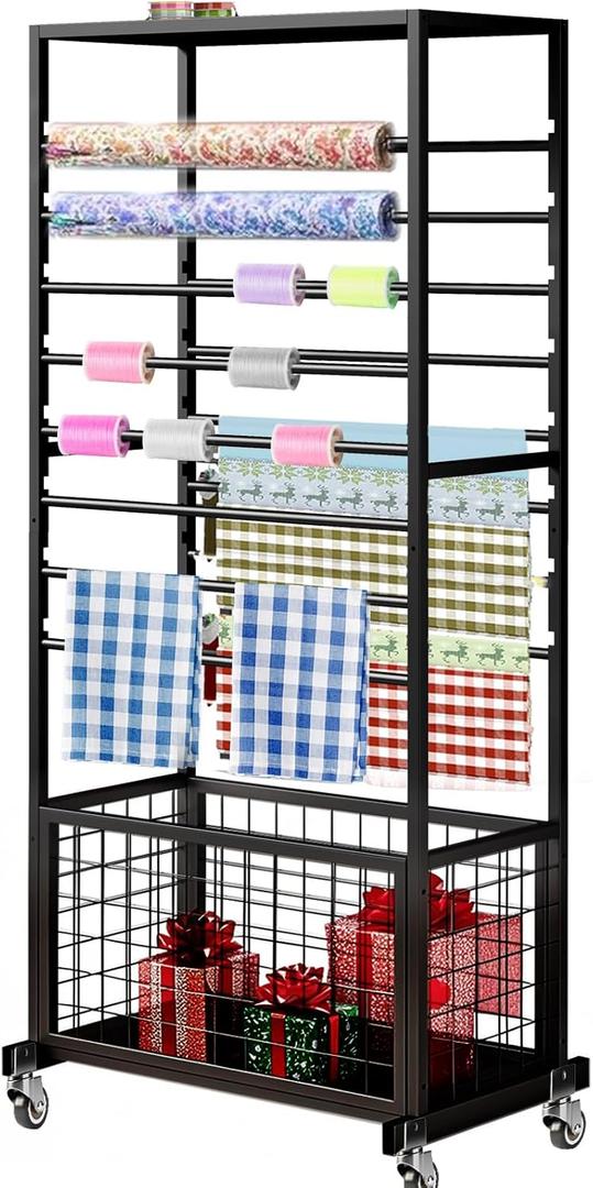 16 Tier Ribbon Holder Rack, Multifunctional Flower Wrapping Paper Rack,Double-Sided Ribbon Spool Shelf Suitable for Flower Shop, Craft Room, Cake Shop Ribbon Display Stand (Black)