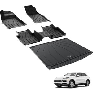 3W Floor mats &Cargo Liner for Porsche Cayenne 2019-2024 2025, TPE All Weather Custom Fit Floor Liner for Porsche Cayenne Full Set Car Mats, Black