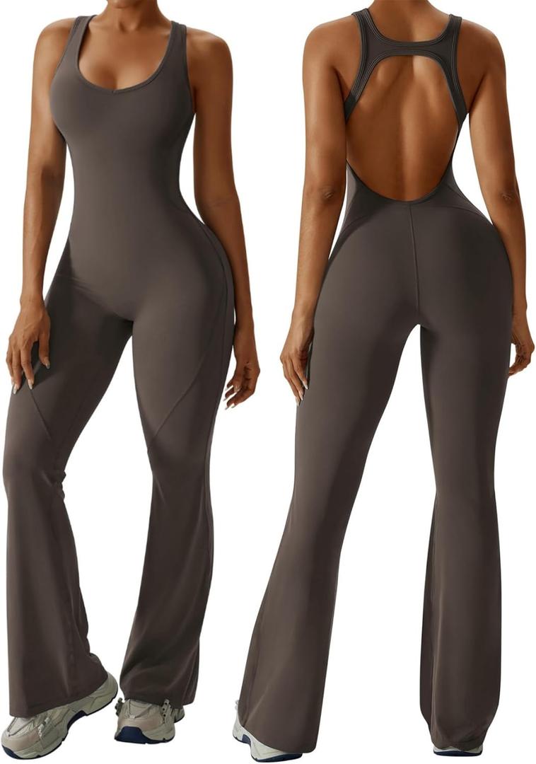 OEAK Womens Flare Jumpsuit with Bra Tummy Control Cutout Romper Workout Outfit Sleeveless Unitard One Piece Backless Bodysuit (Large, Brown)