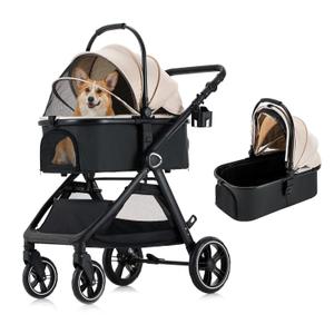 Pet Stroller for Small Medium Dogs Cats Up to 50lbs, Dog Stroller with Removable Carrier, One Click Folding Cat Strollers, All-Terrain 4 Wheels Pet Strollers, Beige